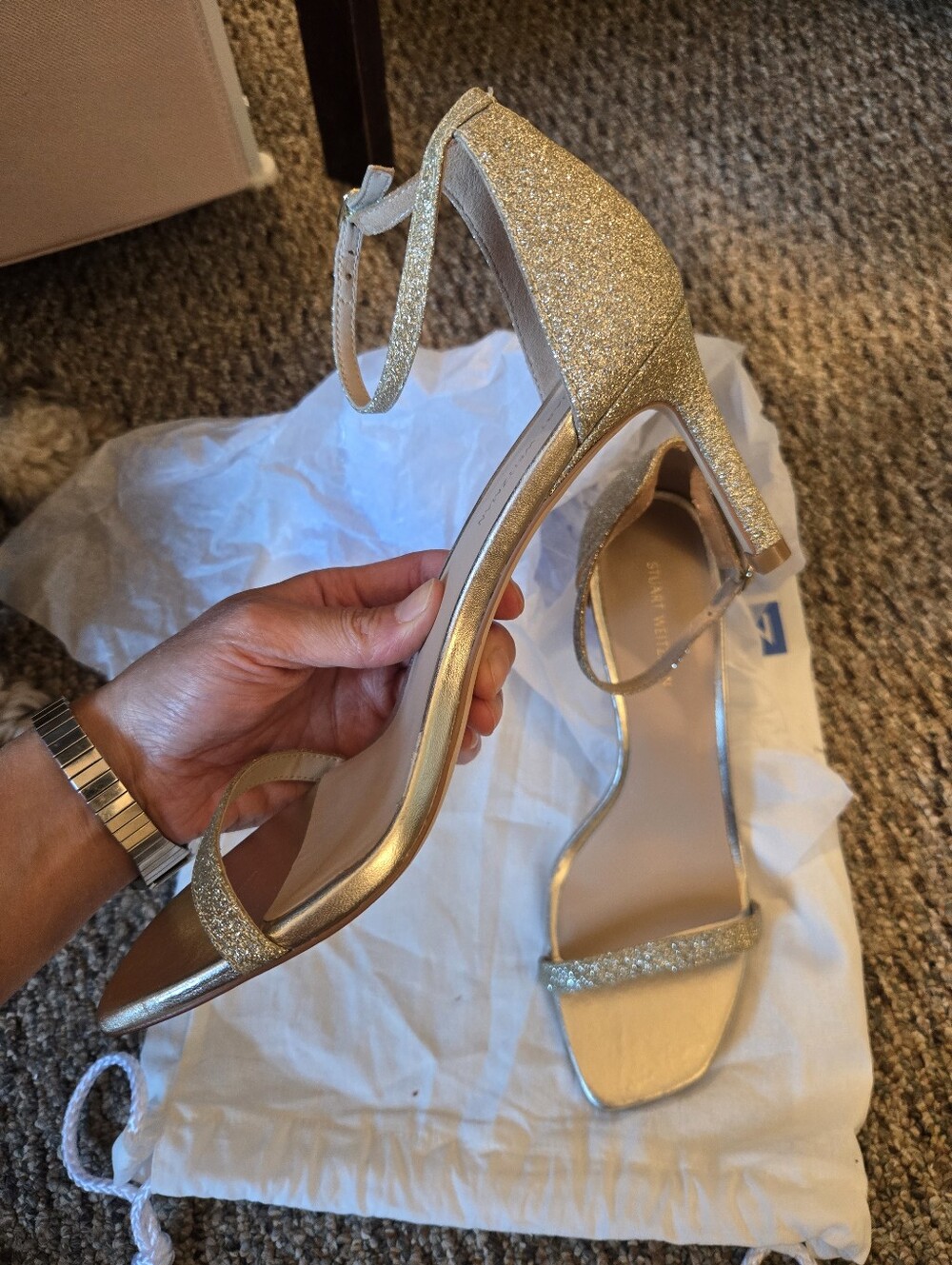 Stuart Weitzman Gold Glitter Ankle-Strap High Heel Sandals